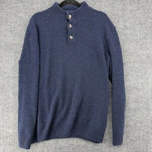 Merino Wool Sweater Mens XL Blue Mock Neck Italy Minimal Coastal Dad‎